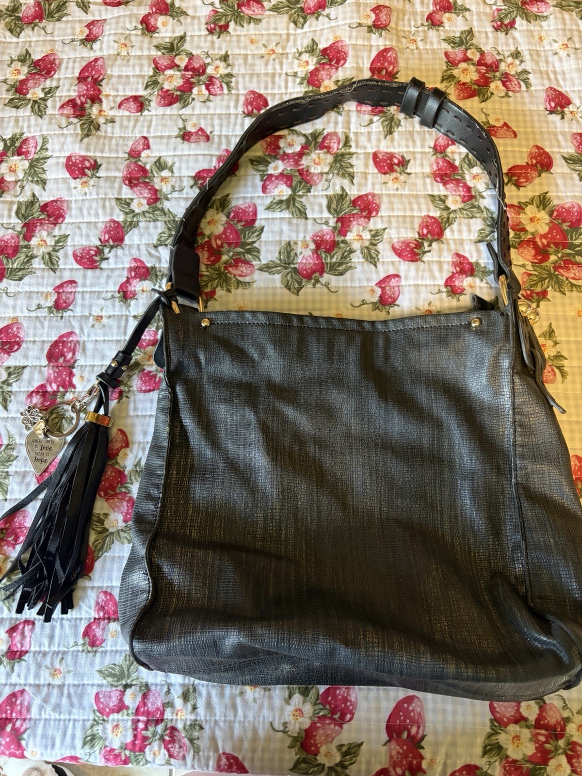 Black Textured Shoulder Bag w/ Adjustable Strap, Tassel Charm, Zip Pockets