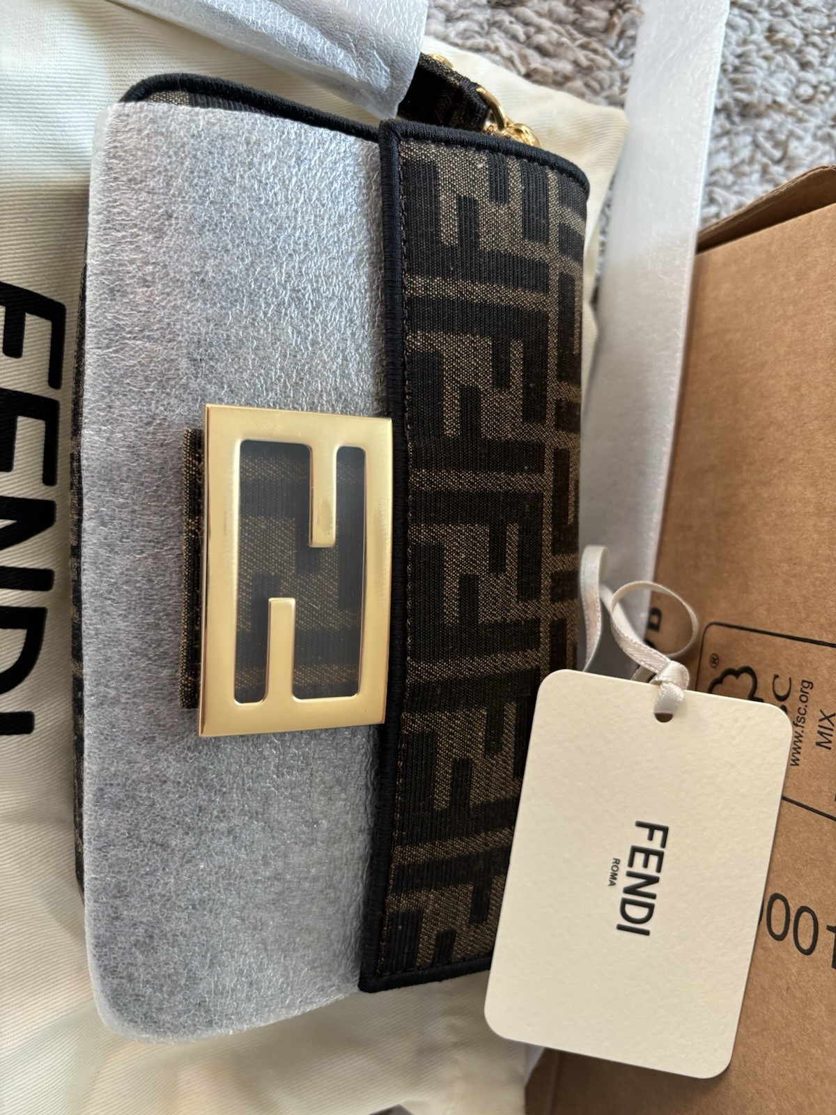 Fendi Zucca FF Mini Baguette Shoulder Bag Brown/Black w Strap Dust Bag