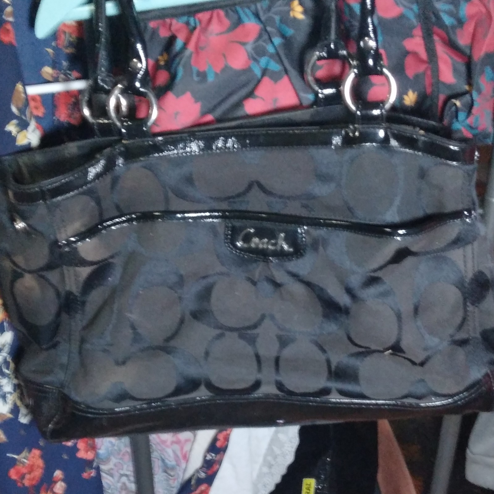 Coach Black Signature Logo Tote Zip Closure, Lined, Inner Pockets, Silver