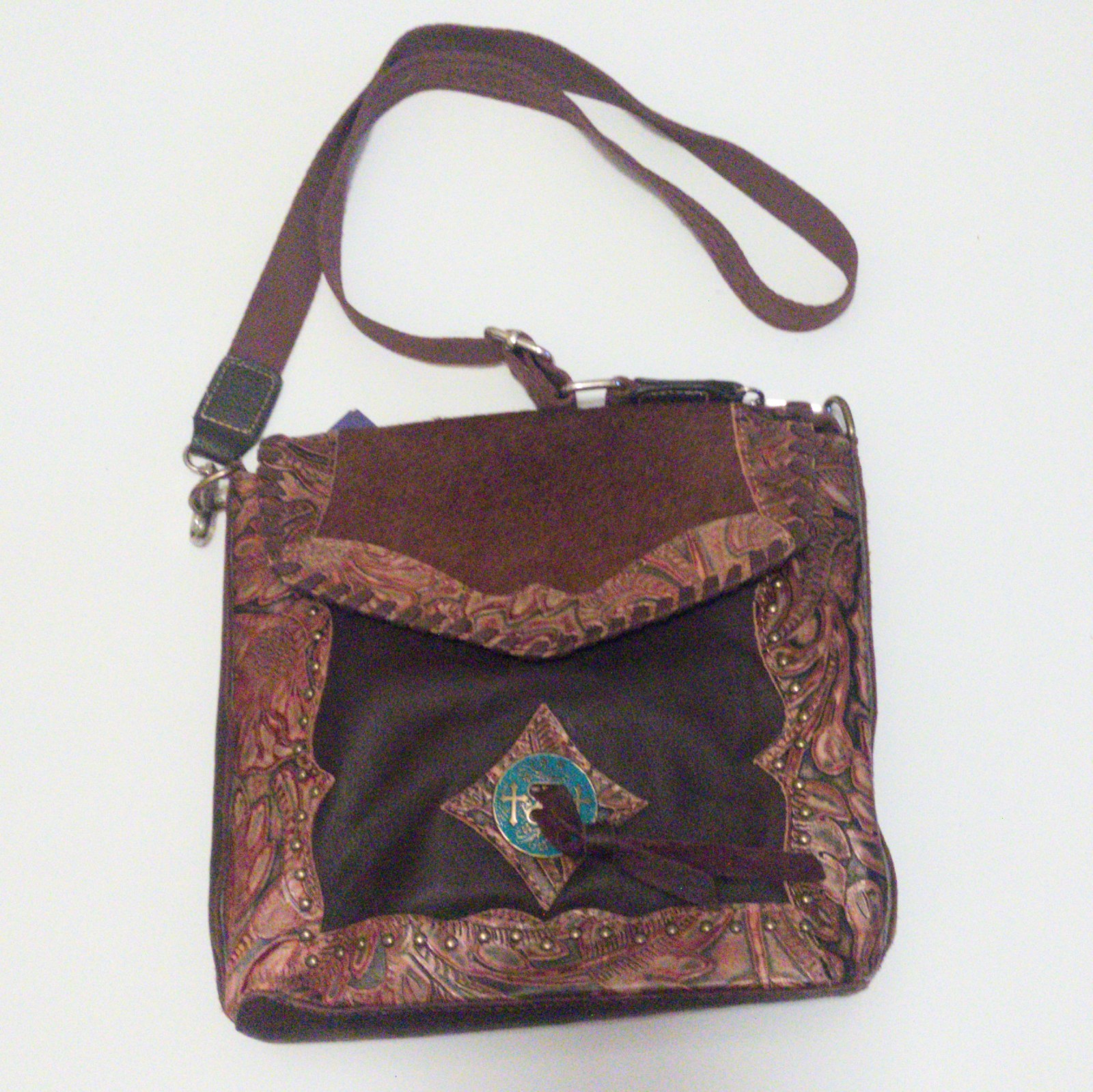 The Tin Cactus Western Leather Brown Black Turquoise Women’s Crossbody Purse NWT