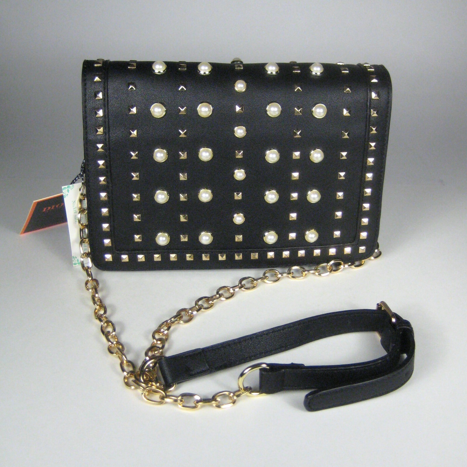 Black Bag Crossbody Strap Vegan Leather Tags Studs Faux Pearl Goldtone