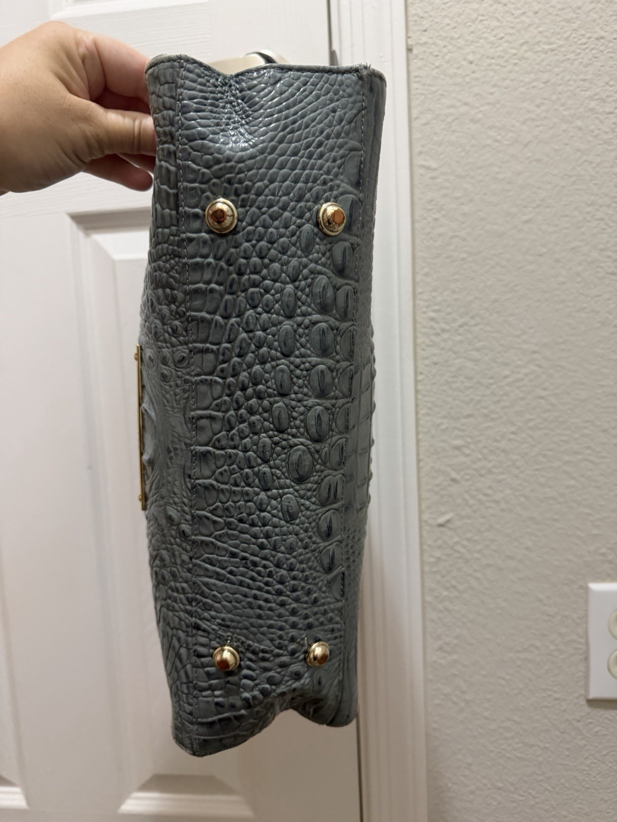 Brahmin Blue Crocodile Tote Bag Zip Top Charm Bottom Studs Gold Hardware