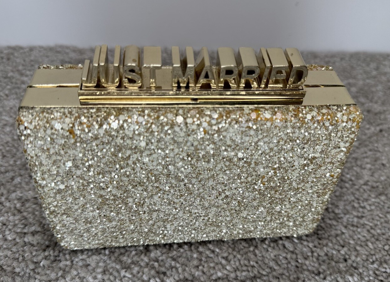Kate Spade Wedding Belles “Just Married” Gold Glitter Clutch or Shoulder Bag HTF