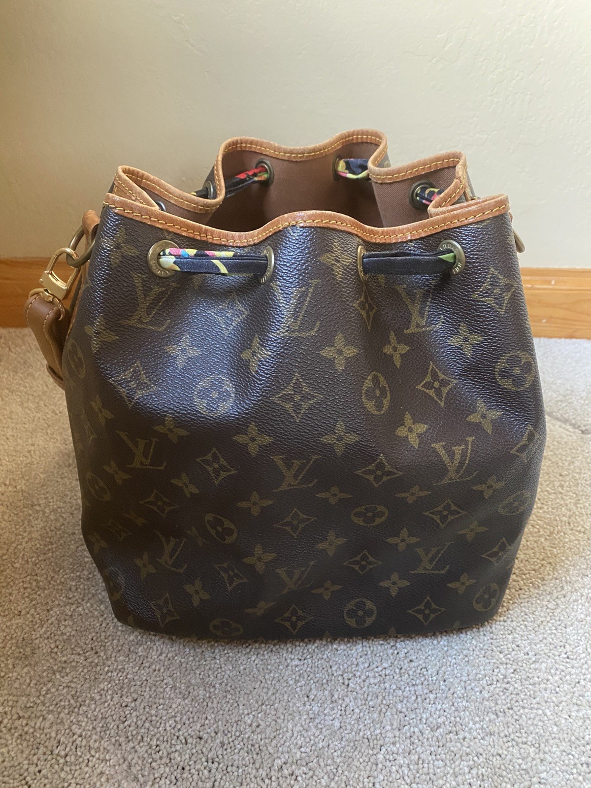 Vintage Louis Vuitton Petit Noe Bucket Bag Brown Canvas Leather Monogram Samorga