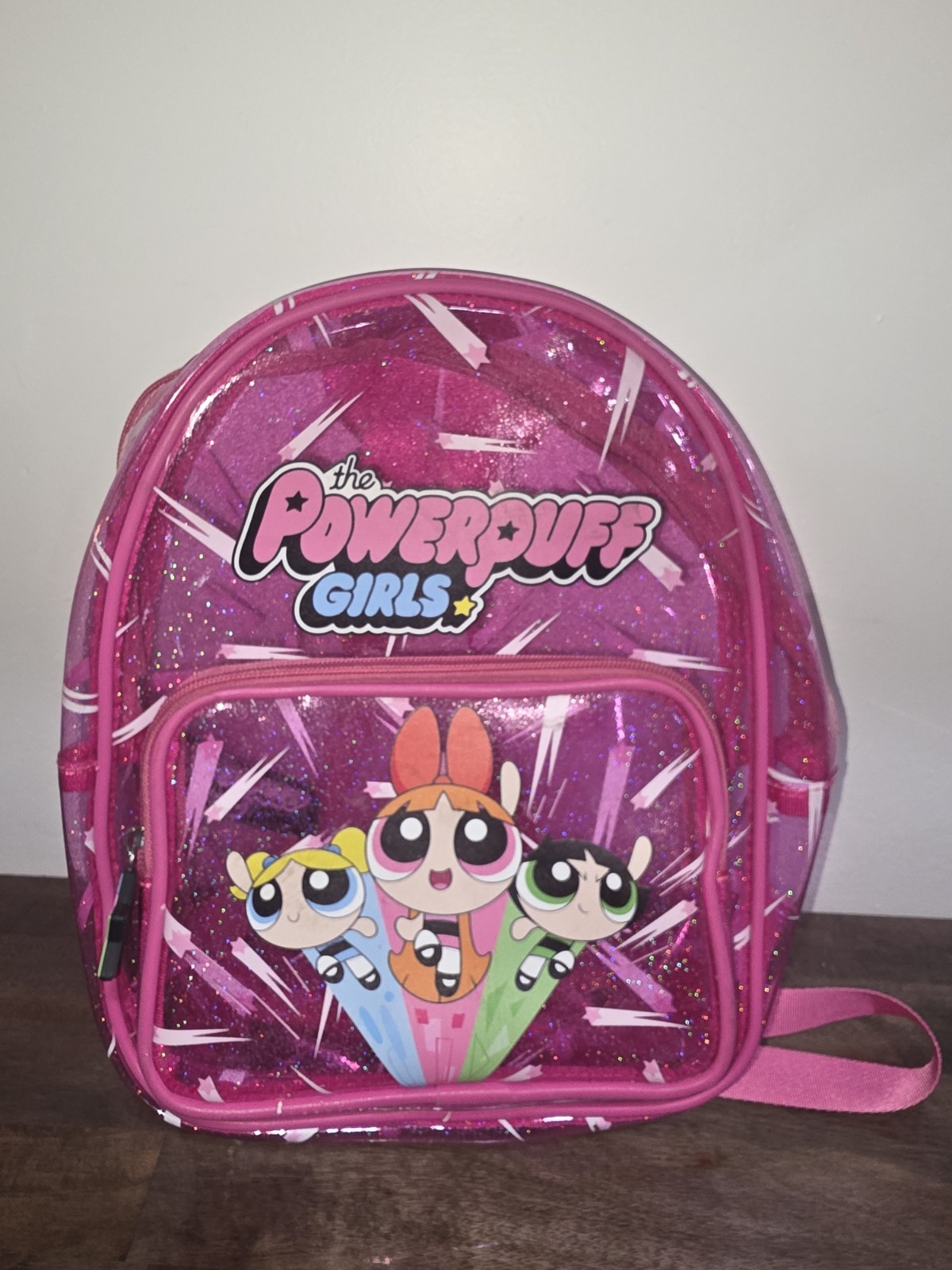 Hot Topic mini backpack clear pink PVC design w glitter accents Powerpuff Girls