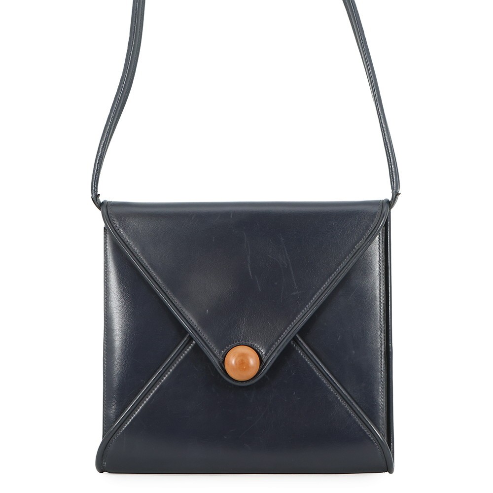 HERMES Wood Shoulder Bag Box Calf Leather Navy