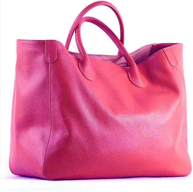 Large Pink Leather Tote Bag, Cowhide Spacious Women’s Handbag with Interior P…