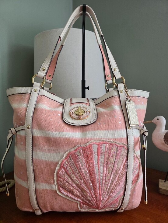 Coach 19576 Audrey Pink Sequin Shell Canvas Cinched Tote Bag Rare Coastal