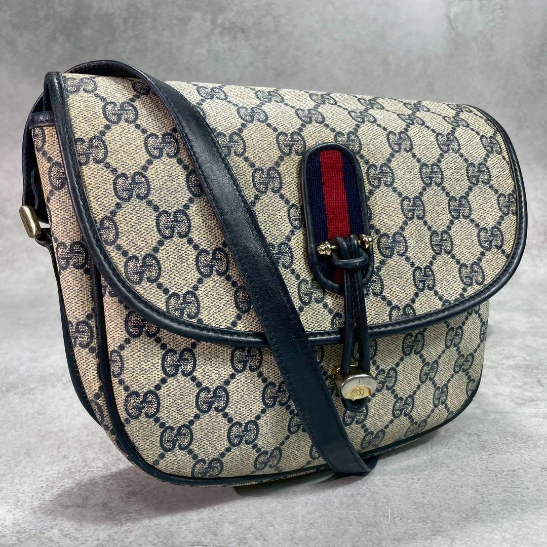 GUCCI GG Sherry Line Shoulder Bag Navy Beige Leather Gold Hardware From Japan