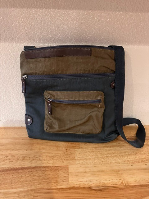Highway Crossbody Nylon Multi-Pocket Handbag Olive Green & Blue Leather Accents