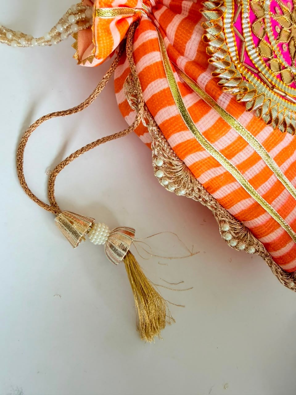 Indian Leheriya Gotta Lining with Pearl Handle Gifting Wedding Favor Potli Bag