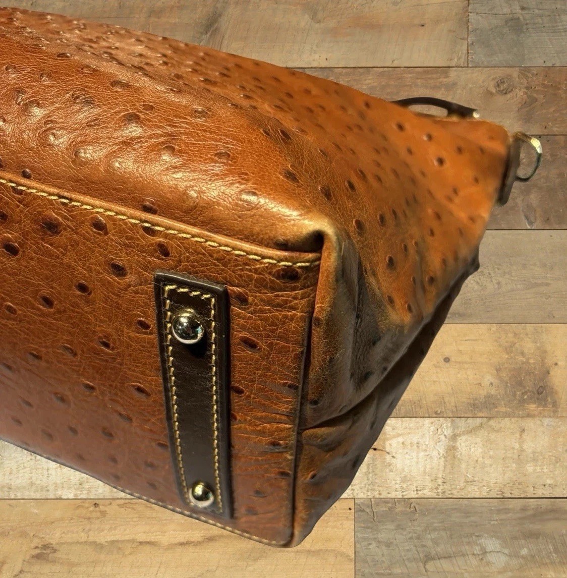 Dooney Bourke Chestnut Brown Ostrich Embossed Leather Front Pocket Satchel Tote