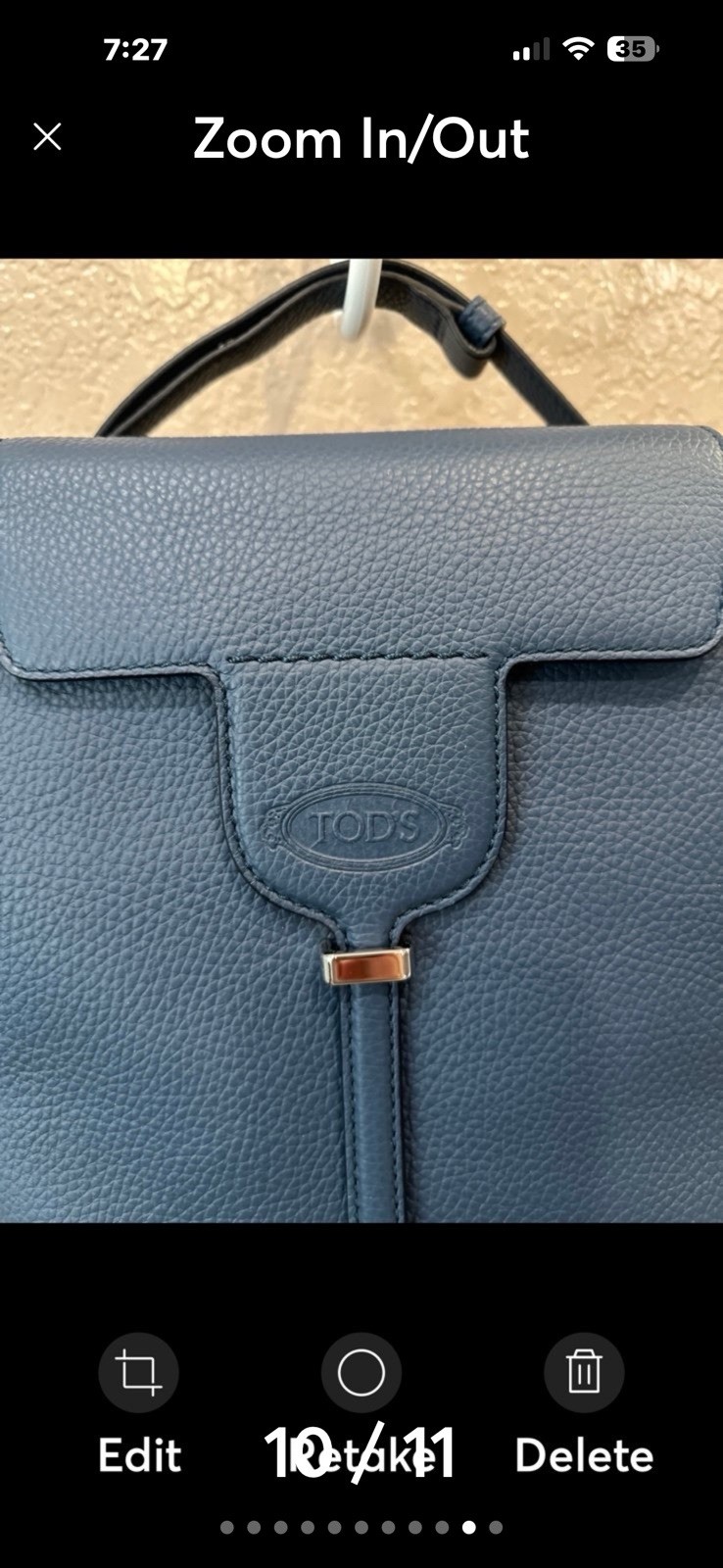 Tod’s Blue Small Pebbled Crossbody Bag, Magnetic Closure, Dust Bag, Pockets