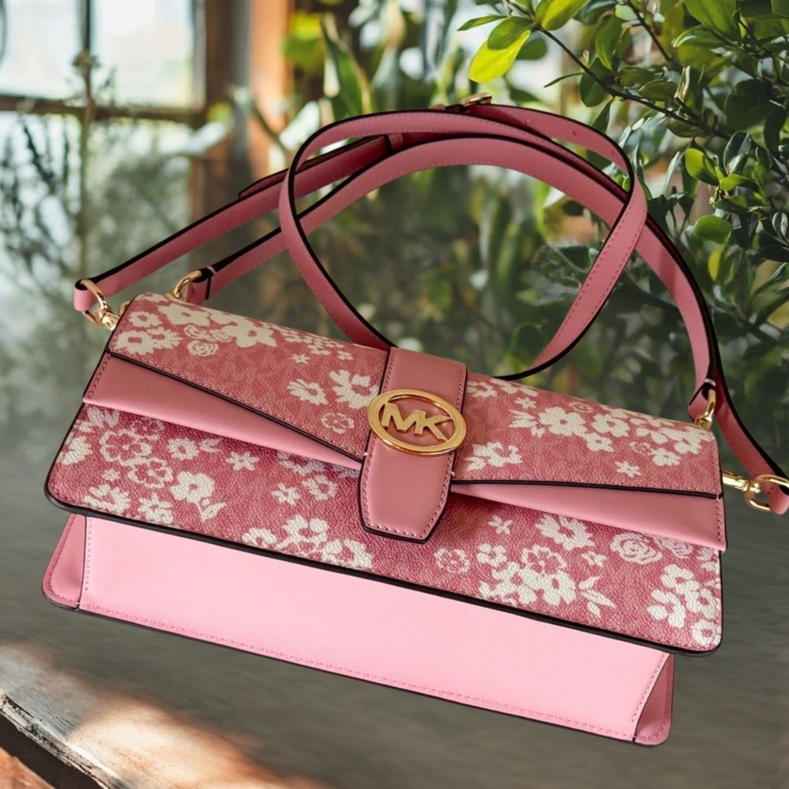 Michael Kors Greenwich Women Medium Printed Logo Flap Shoulder Bag Carnation
