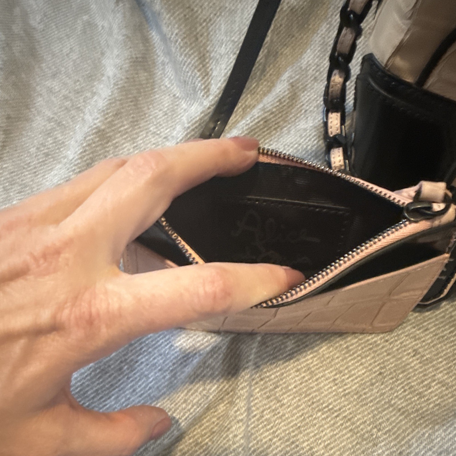 Alice + Olivia Beige/Black Croc-Embossed Satchel w/ Strap, Coin Purse