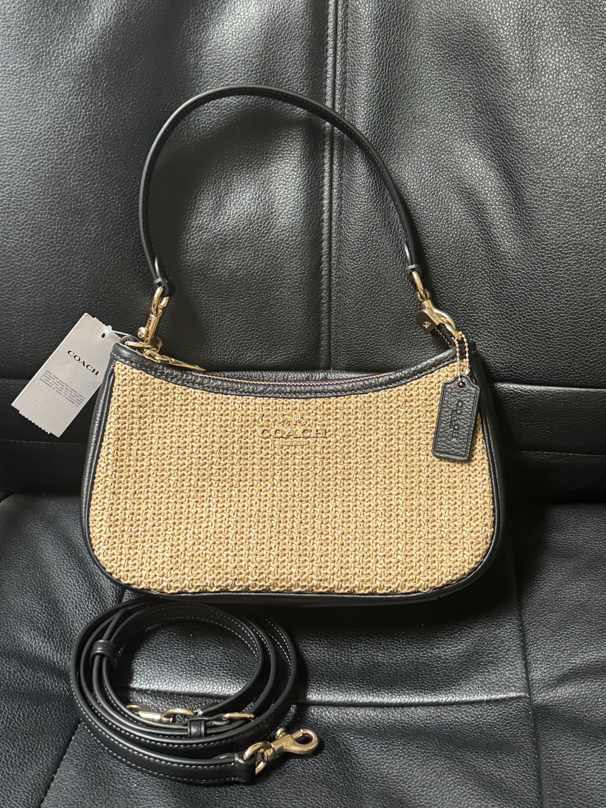 NWT COACH Teri Shoulder Bag CAL90 Toast Black Straw Leather 2way Crossbody Bag