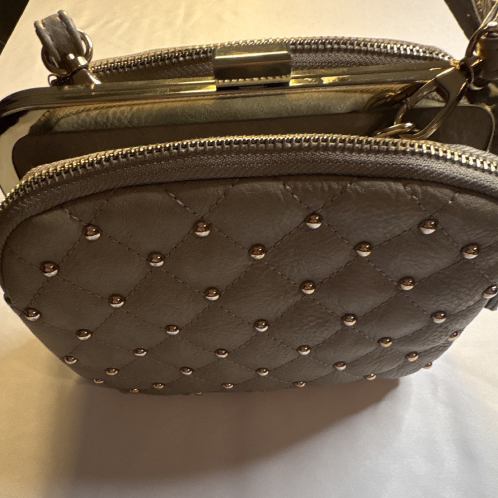 Street Level Gray Studded Quilted Shoulder Bag with Zip & Kiss Lock Closure