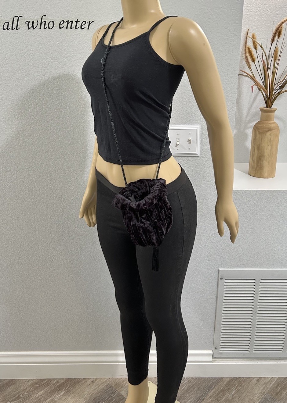 Vintage La Regale Drawstring Pouch Round Black Evening Bag Tassel Accent
