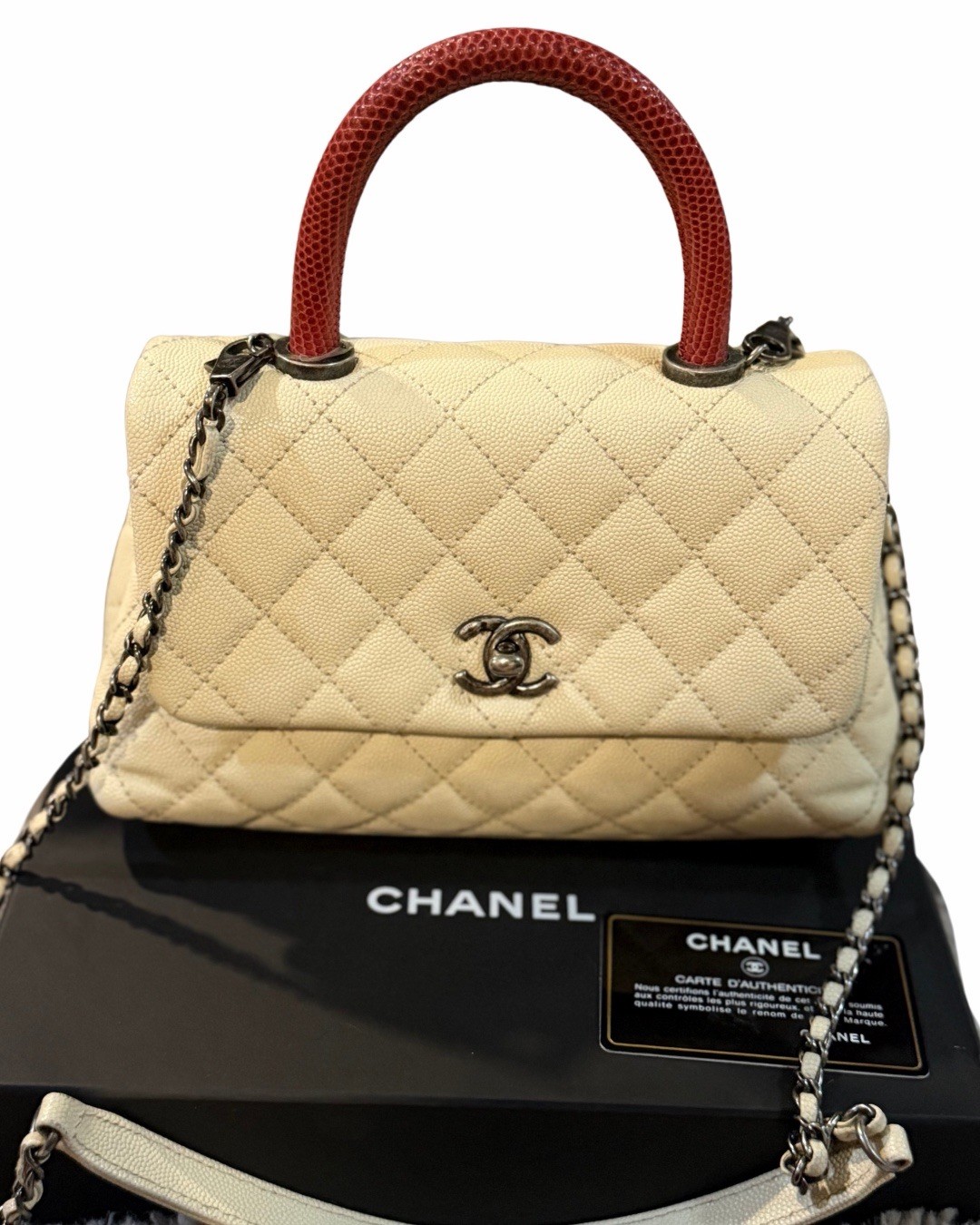 Rare! CHANEL Exotic Coco Handle Caviar CF Classic Flap Ivory/Red Ruthenium silv