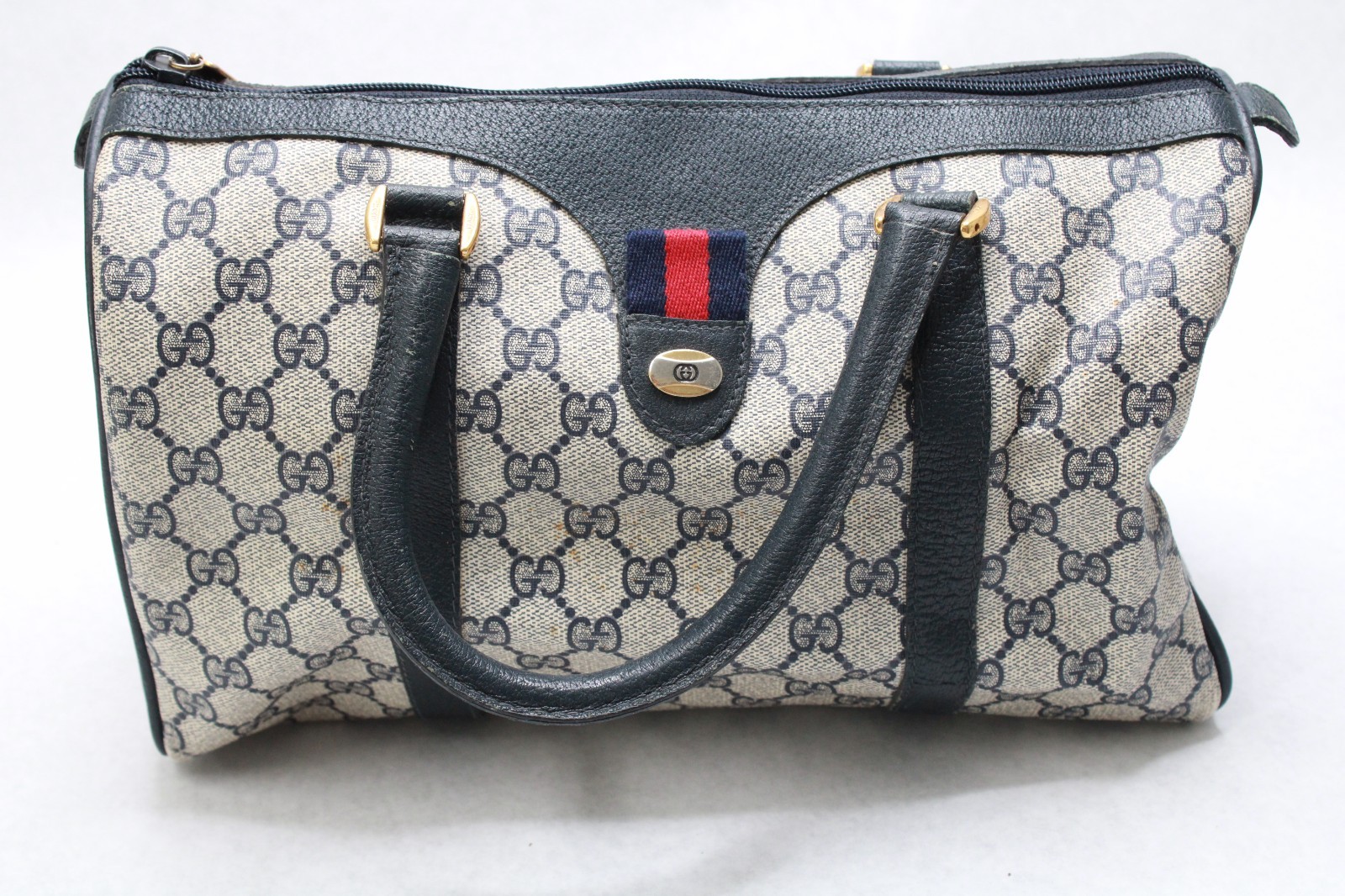 Vintage Gucci Accessory Collection GG Supreme Boston Bag Navy Web Stripe w/ Cert