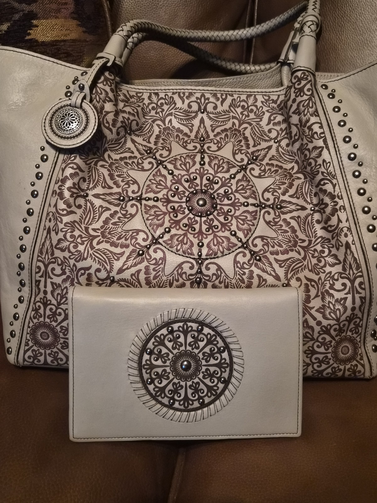 Brighton Ferrara Rafaela Leather Beechwood Studded Purse w/matching wallet