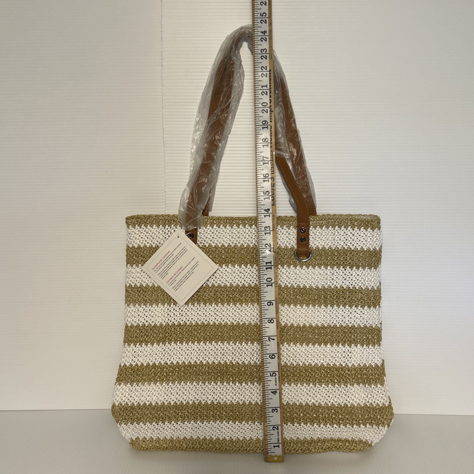 Thirty-One White Tan Striped Straw Rubie Around Town Tote NWT Large Open Bag