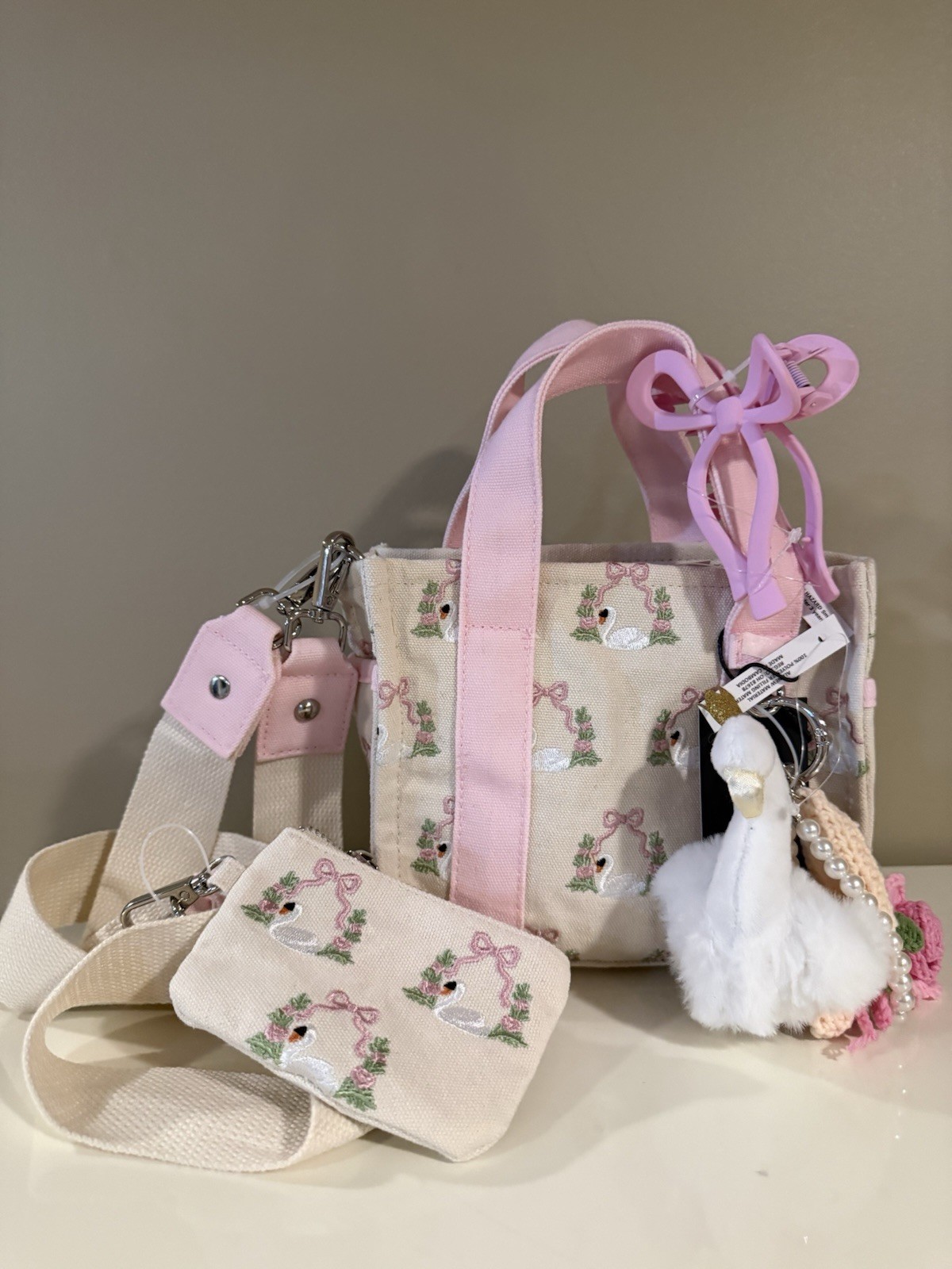 New Madden Girl Pink Bow Swan Embroidered Tote Hair Clip, Wristlet And Charms
