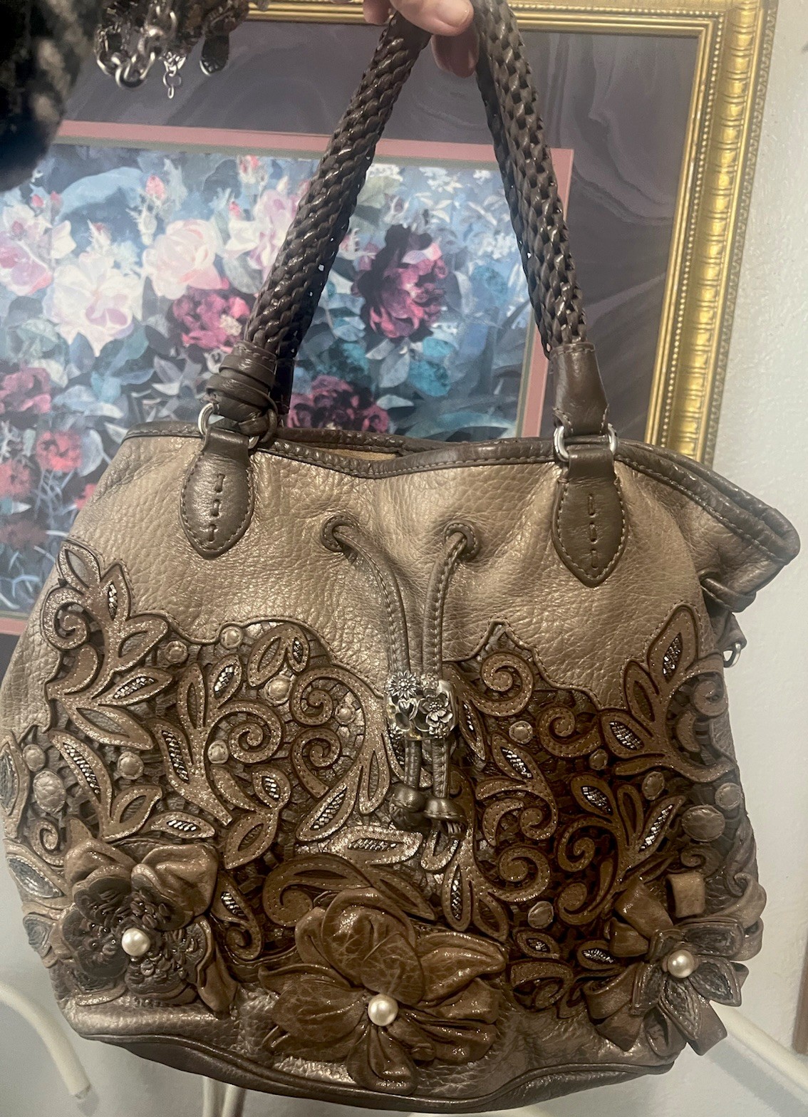 BRIGHTON Masterpiece Collection CATCH the MOON 3D FLOWERS Pearl Bucket HANDBAG