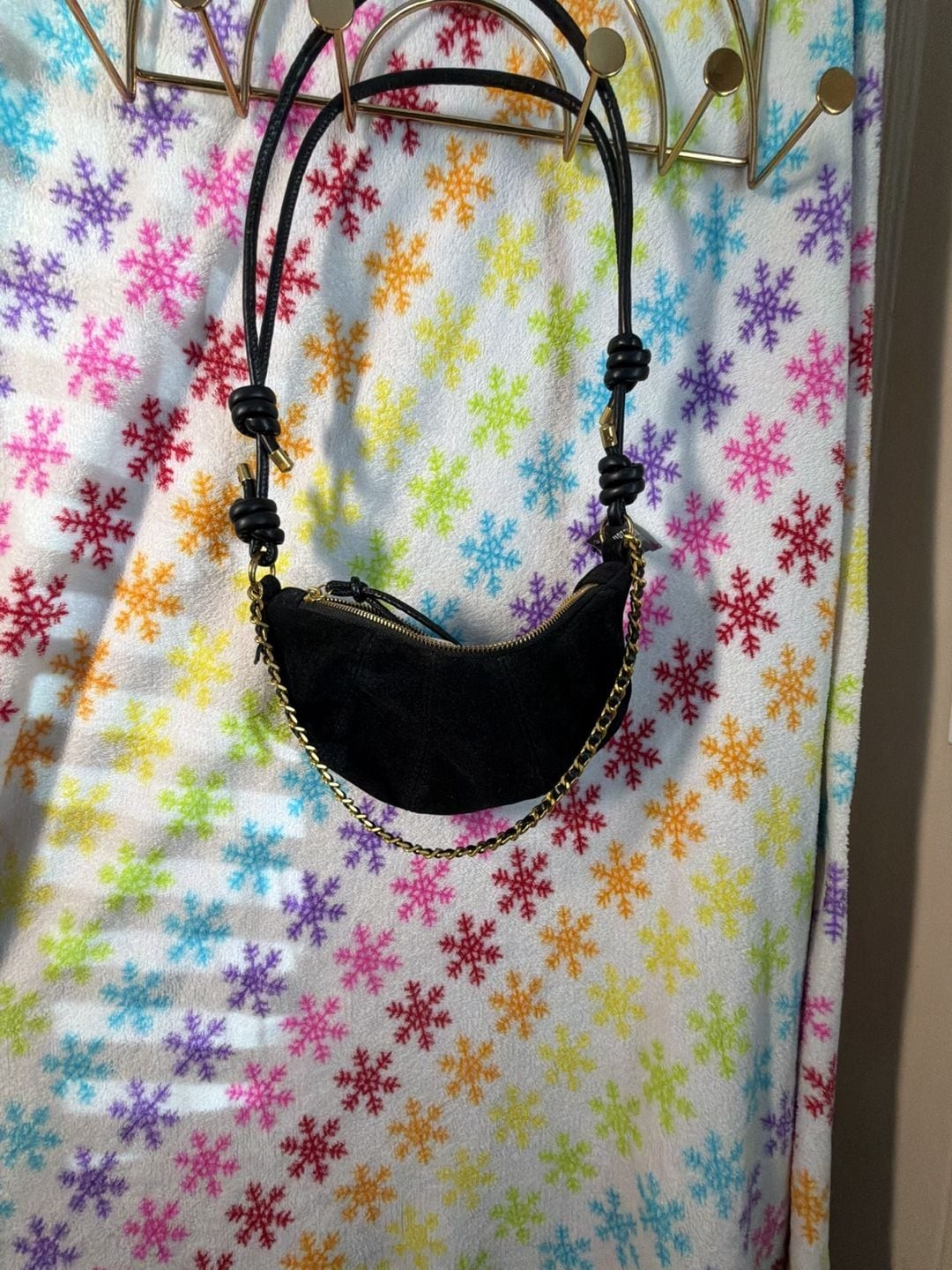 Black Faux Suede Crescent Moon Shoulder Bag with Chain and Knot Detail