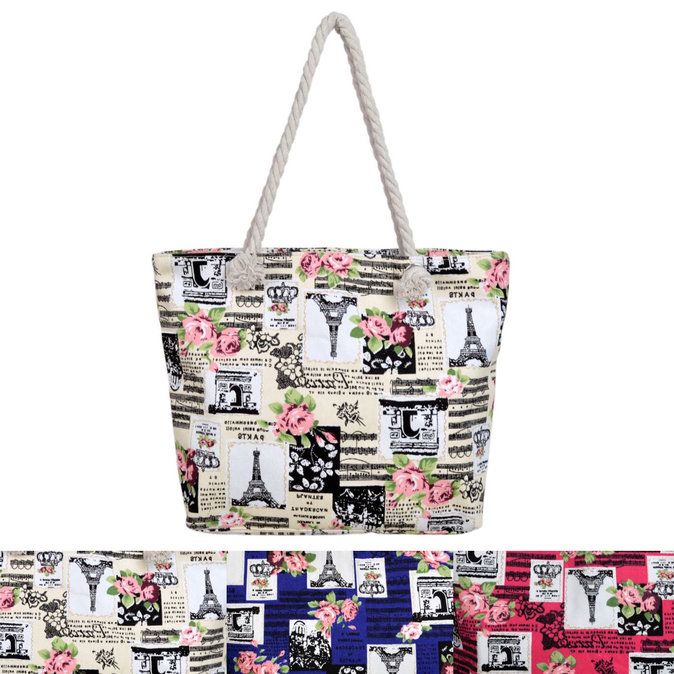 Paris Eiffel Tower Music Notes Floral Print Canvas Tote Shoulder Bag Handbag