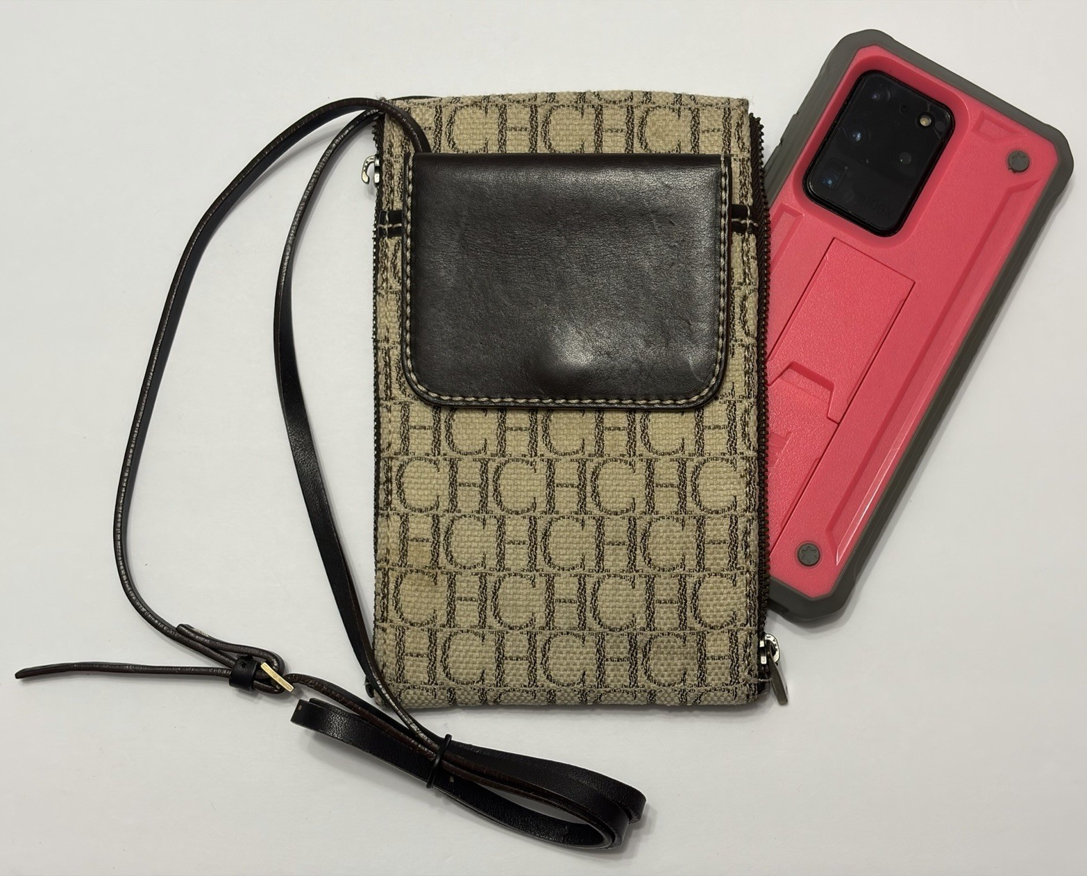 Carolina Herrera CH Monogram Crossbody Shoulder Phone Bag Brown Beige Trim