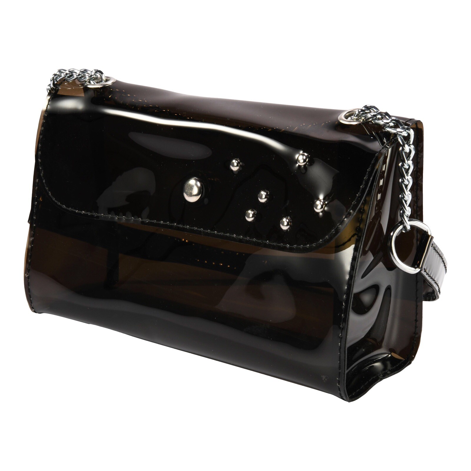 Black PVC Vinyl Handbag With Silver Chain And Rivets