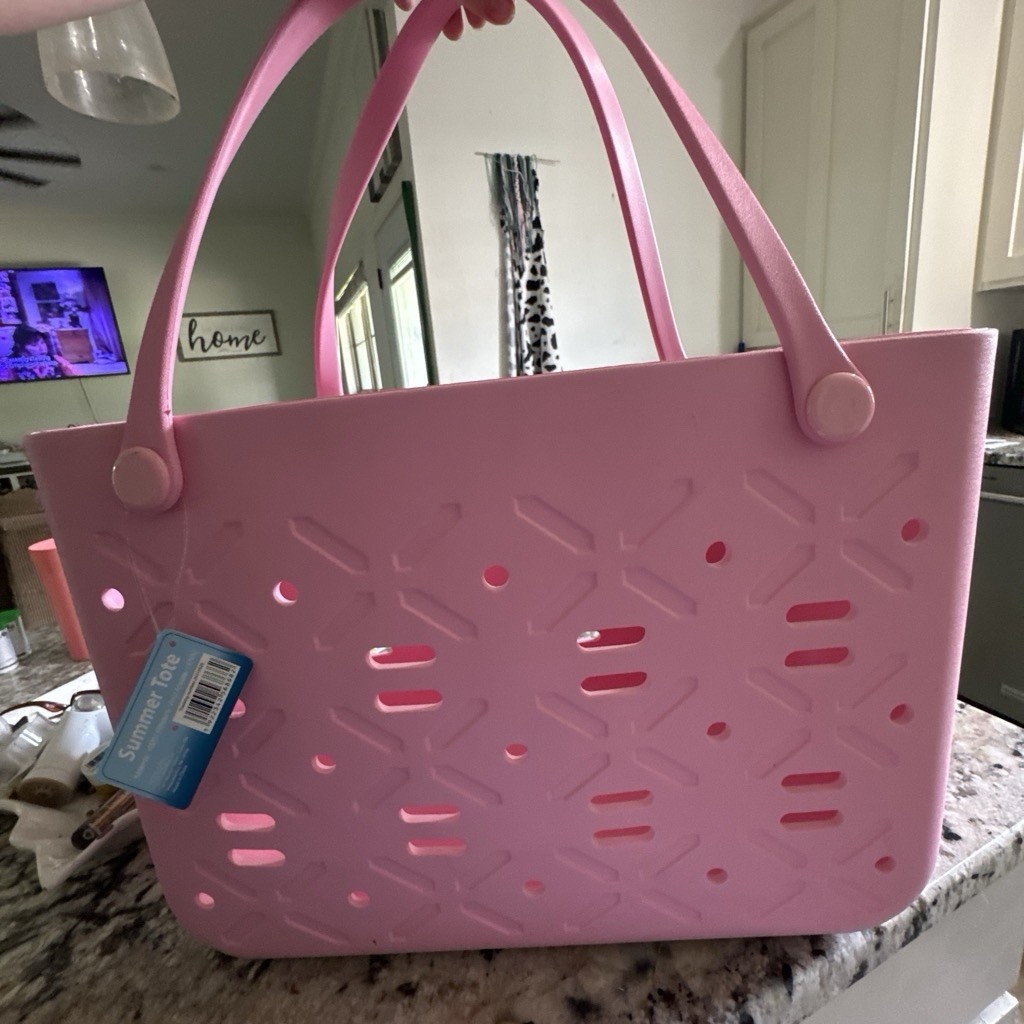 Pink Lightweight Open Tote Bag, Cut-Out Perforated Design, Double Handles
