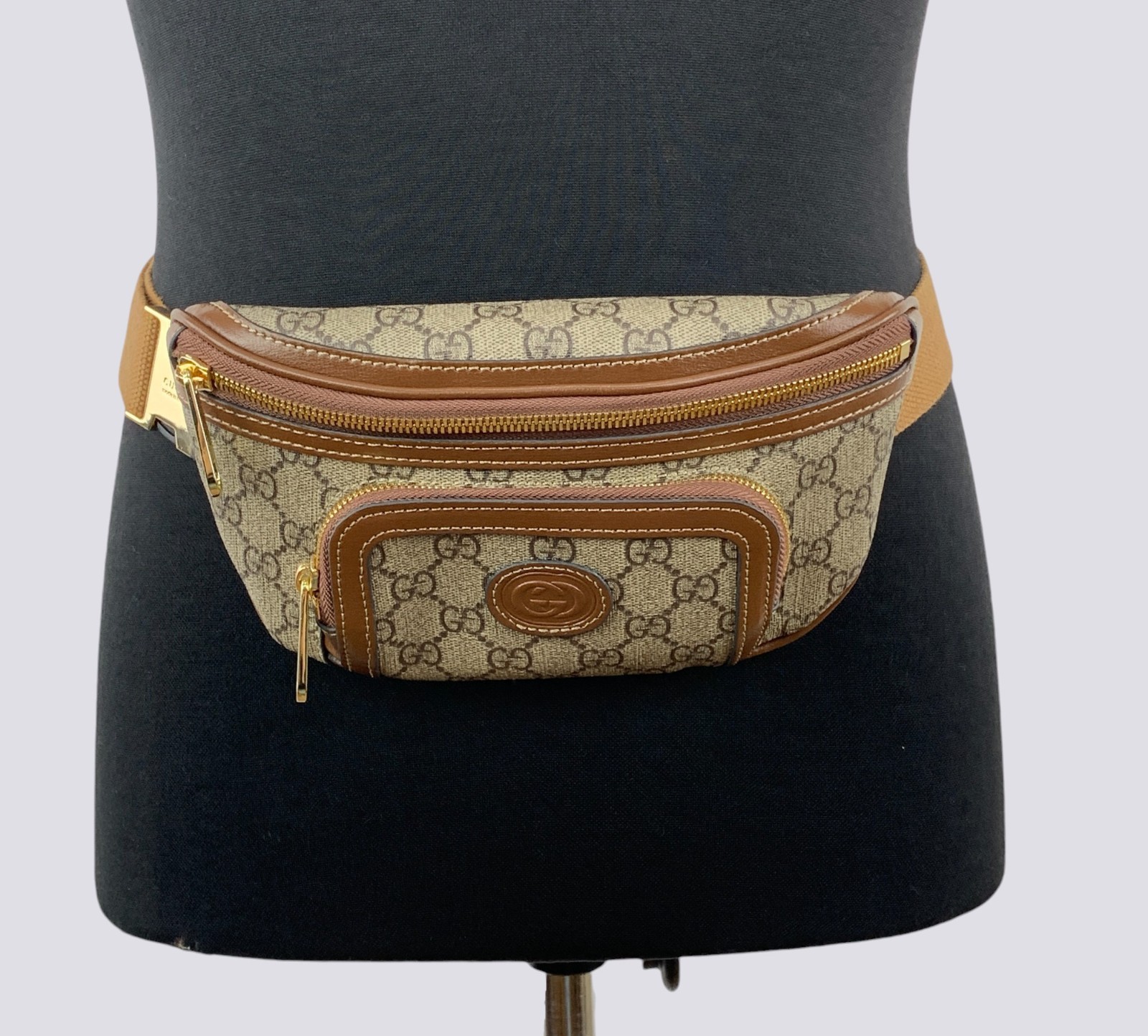 Gucci GG Monogram Interlocking G Canvas Leather Crossbody Belt Bag Beige 682933