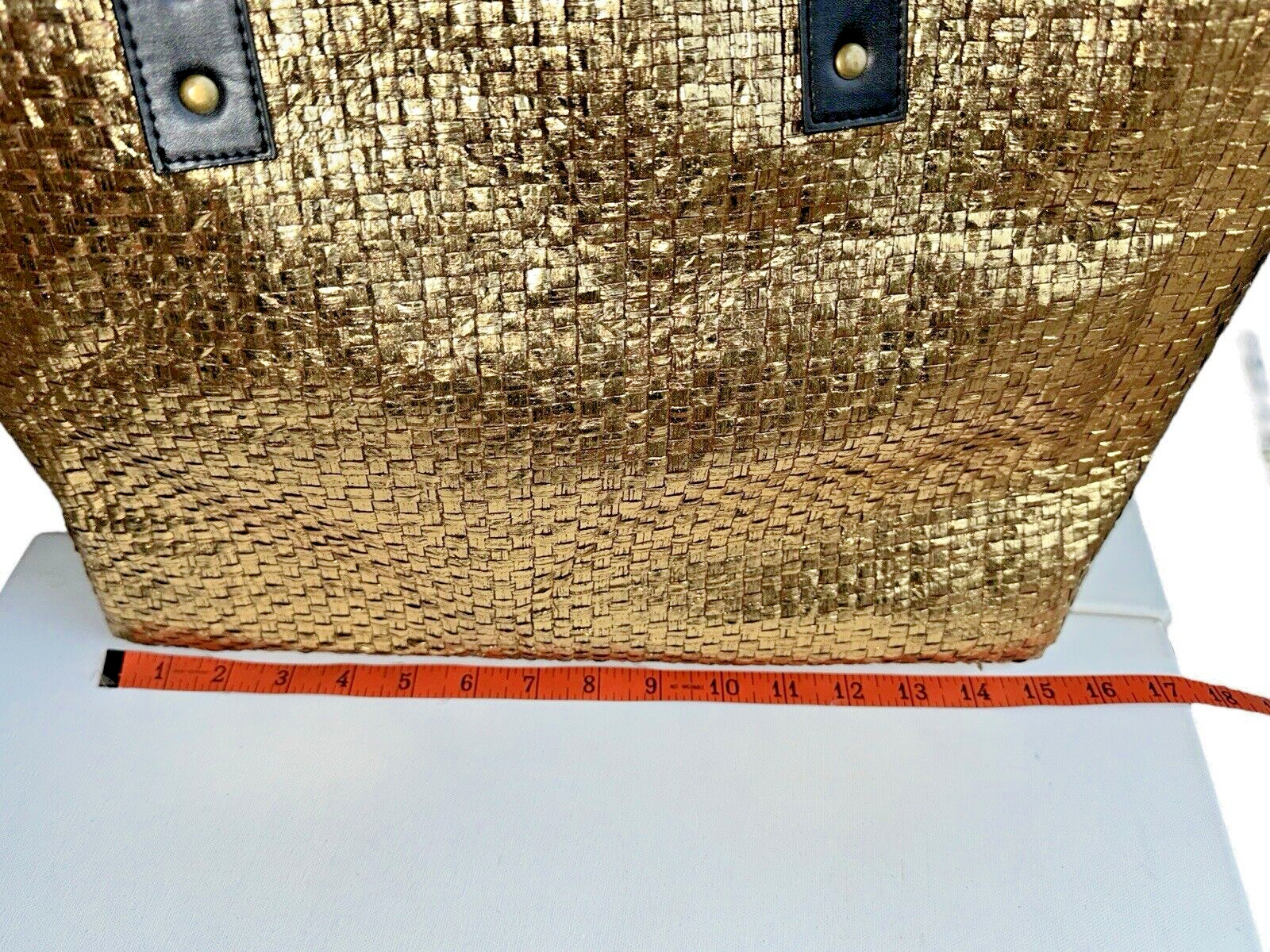 Signature Club A Gold Metallic Woven Straw Tote Bag Large Shoulder Purse Coastal