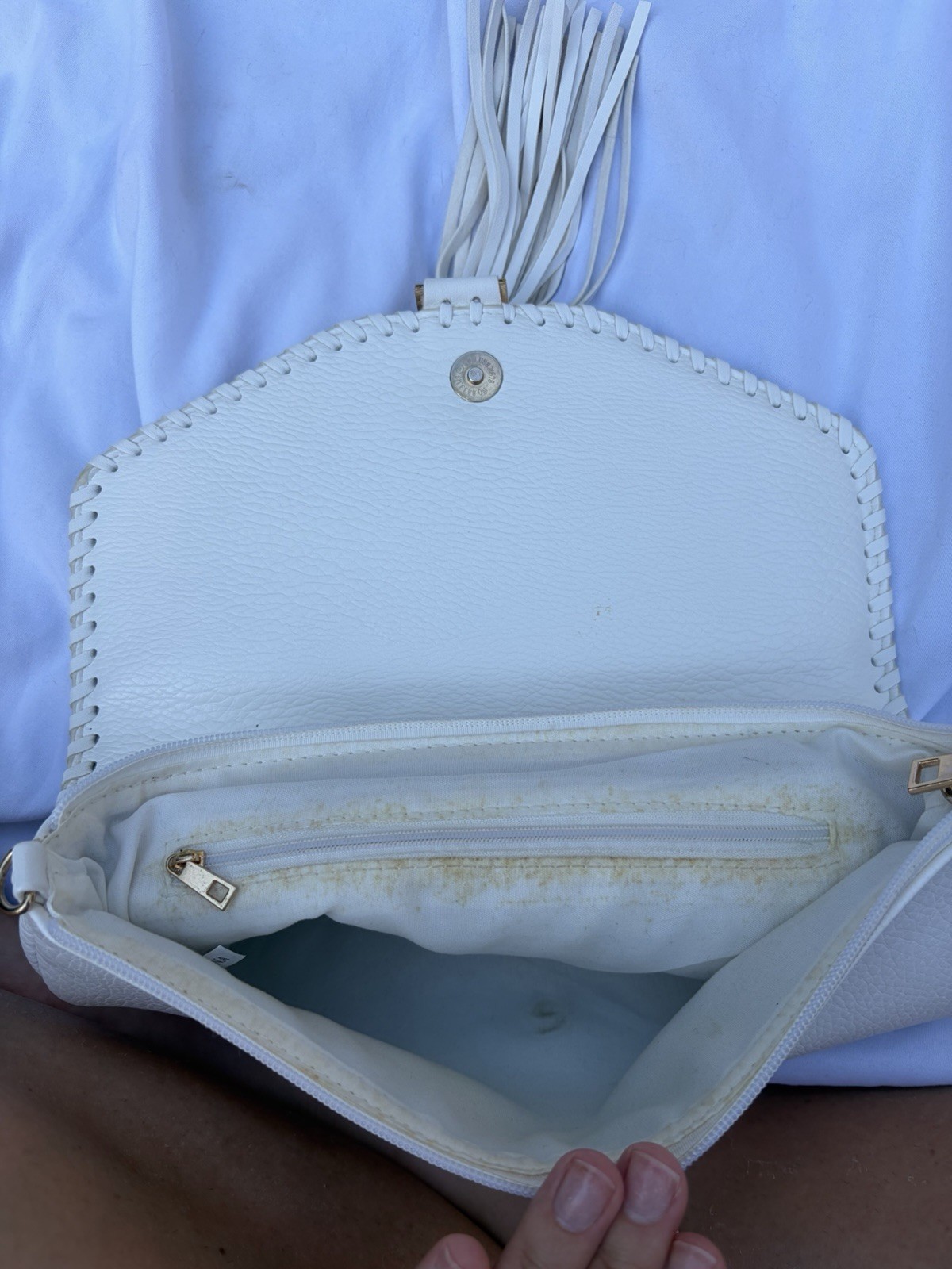 White Woven Envelope Oversized Clutch Bag Boho Tassel Whipstitch Purse