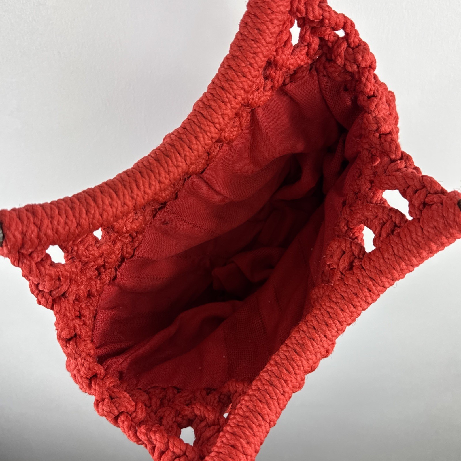 Crochet Shoulder Purse Coral Wooden Handle Thick Knit Boho Chic Polymer Bag