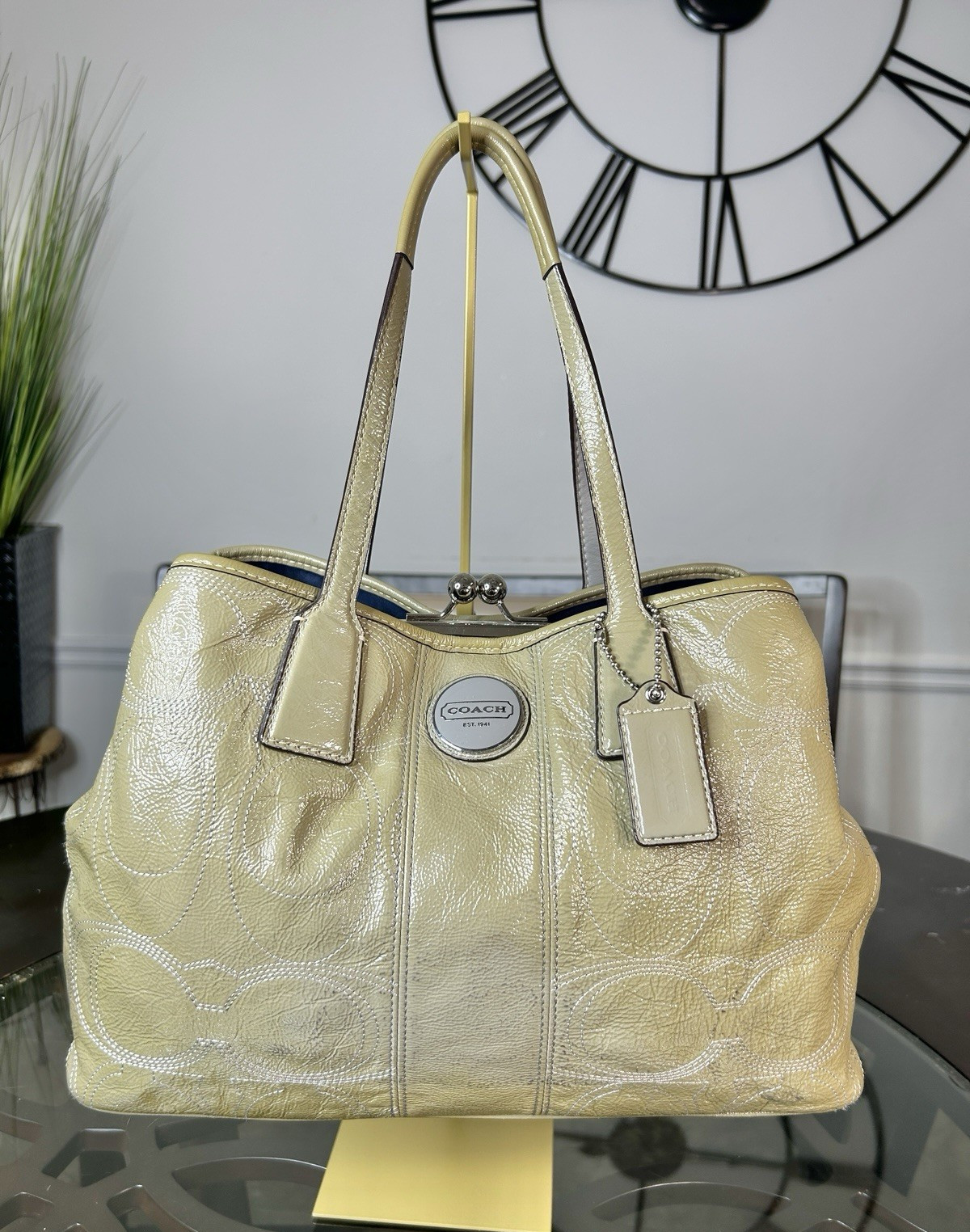 Coach Stitched Signature C Patent Leather Kisslock Tote Bag Gray F15658