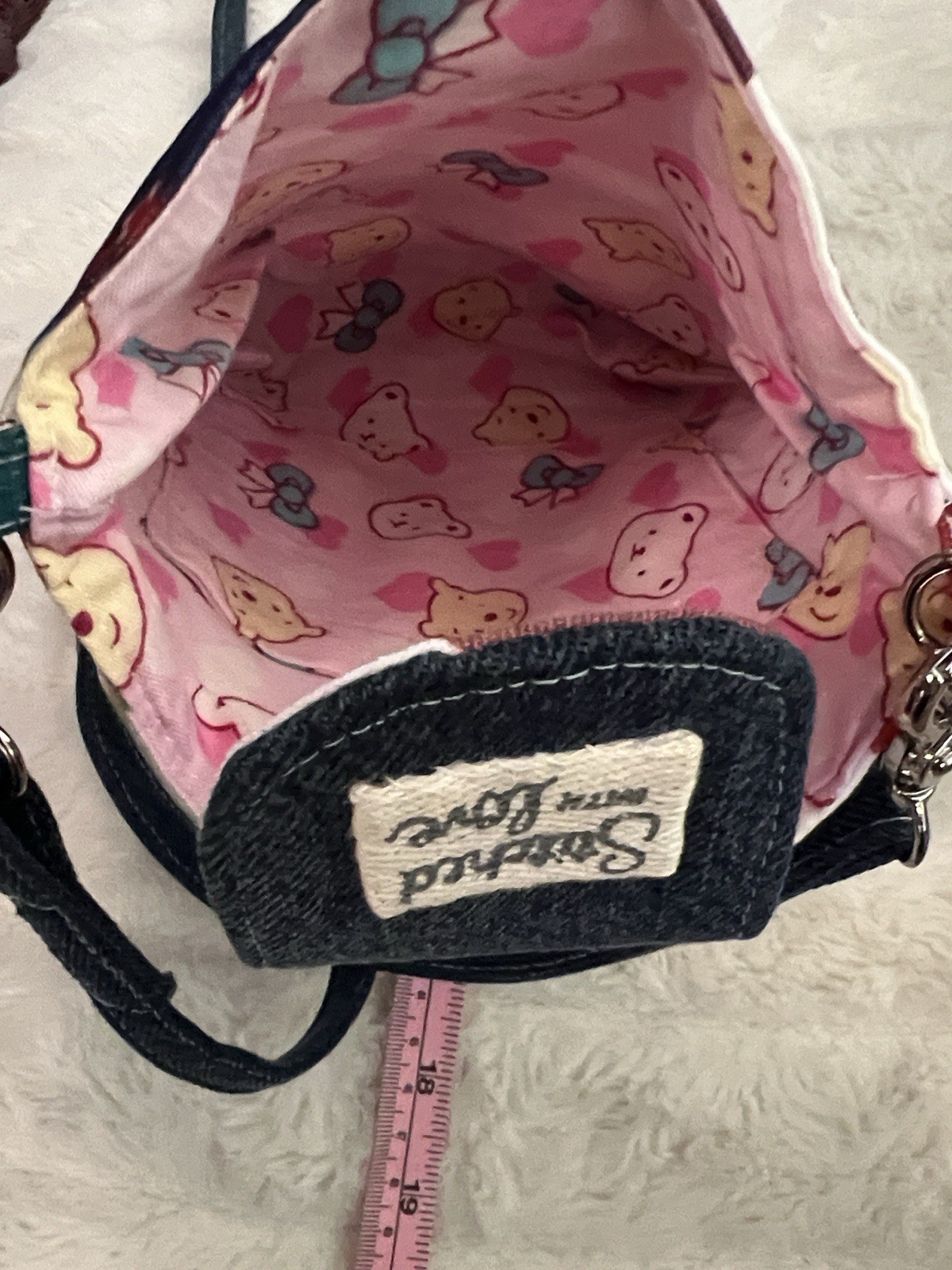 Handmade Upcycled Denim Crossbody Bag Floral Canvas Sanrio My Sweet Piano Lining