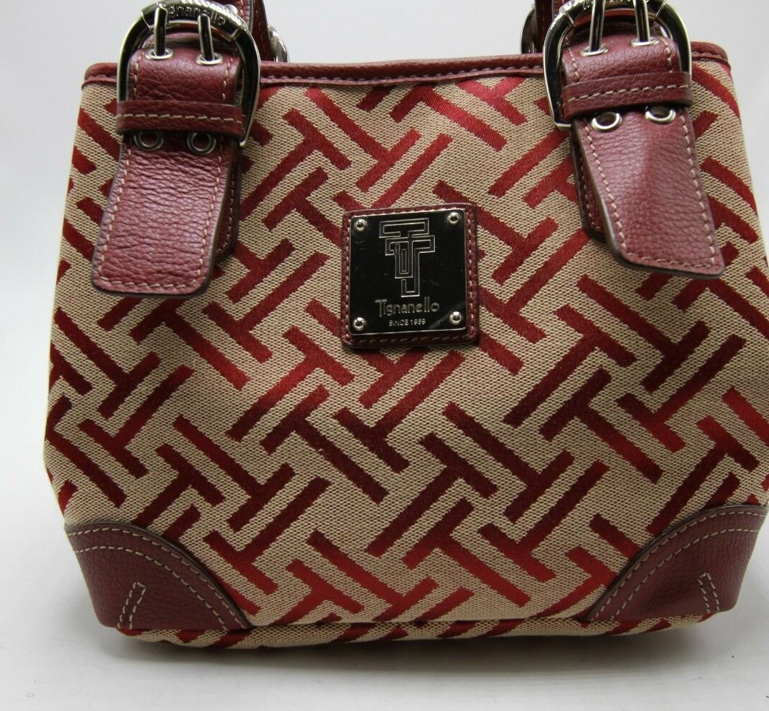 NEW Tignanello T Logo Fabric Purse Handbag Tan Burgundy Buckles Cotton Blend