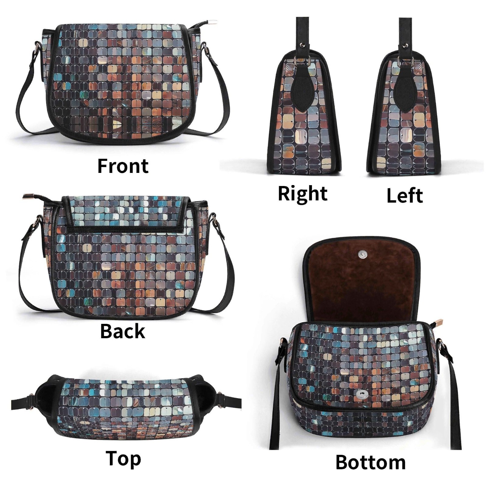 Sequin Tiles Scales Genuine Leather Saddle Shoulder Bag Handbag Silver Disco