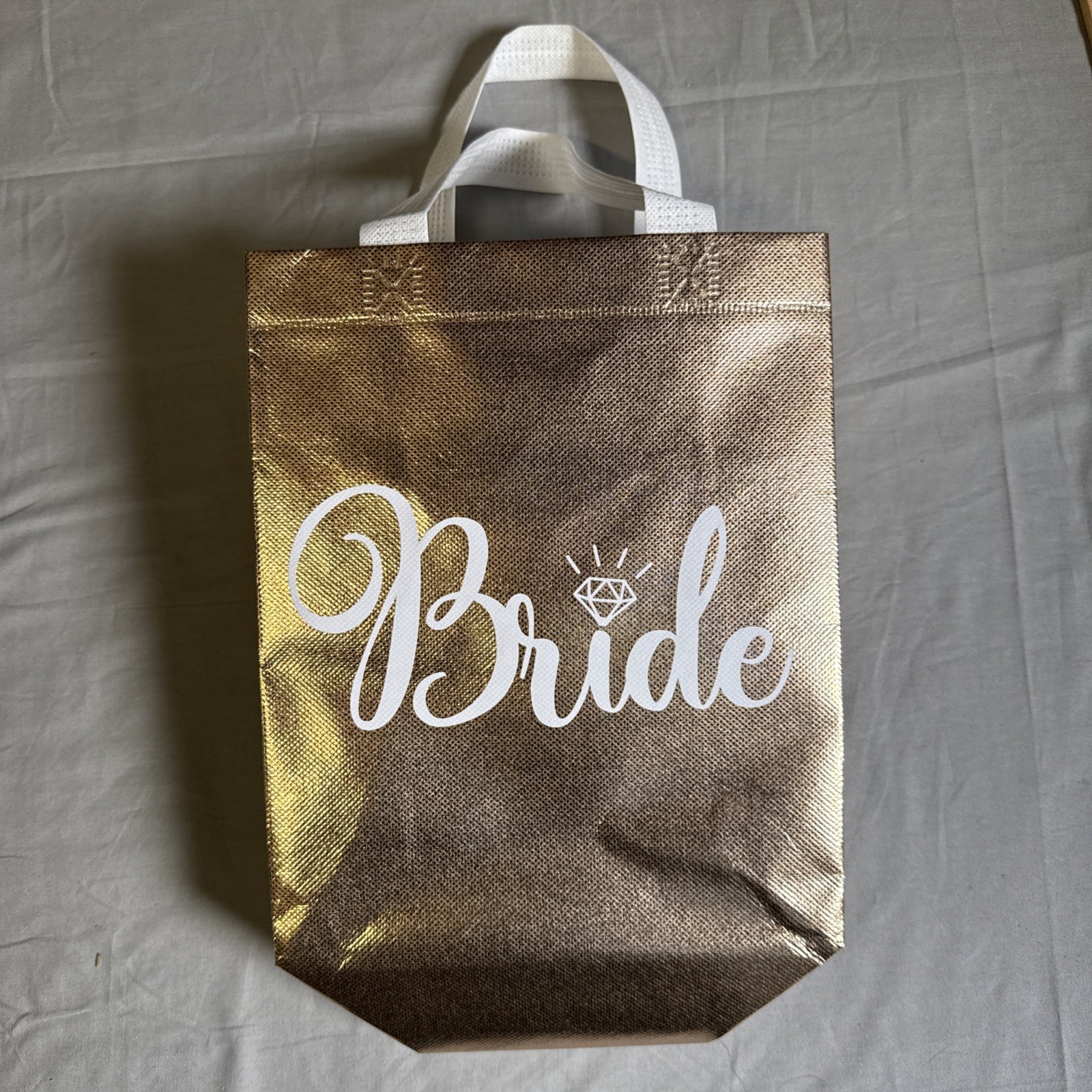 Bridal Bride Metallic Lettering Reusable Small Tote Bag White Gold 8×10