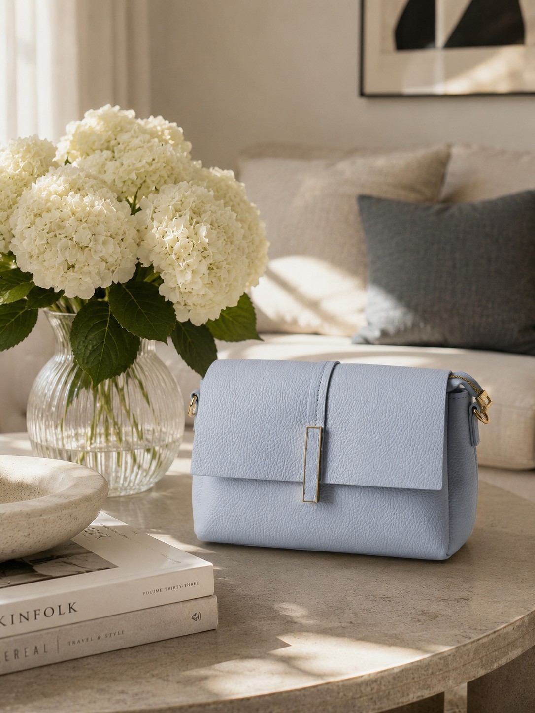 Baby Blue Italian Leather Crossbody Bag, Small Minimalist Purse, Genuine Leather
