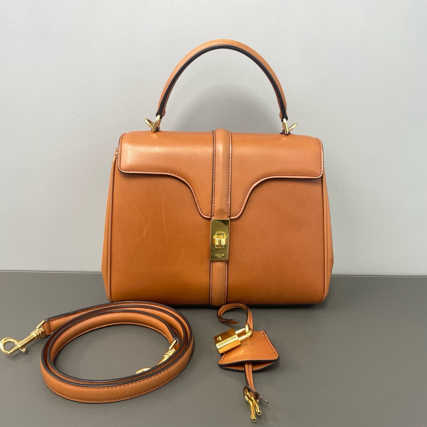 Celine 2022 Soft 16 Small Caramel Smooth Calf Leather 3 Way Bag Duty Paid