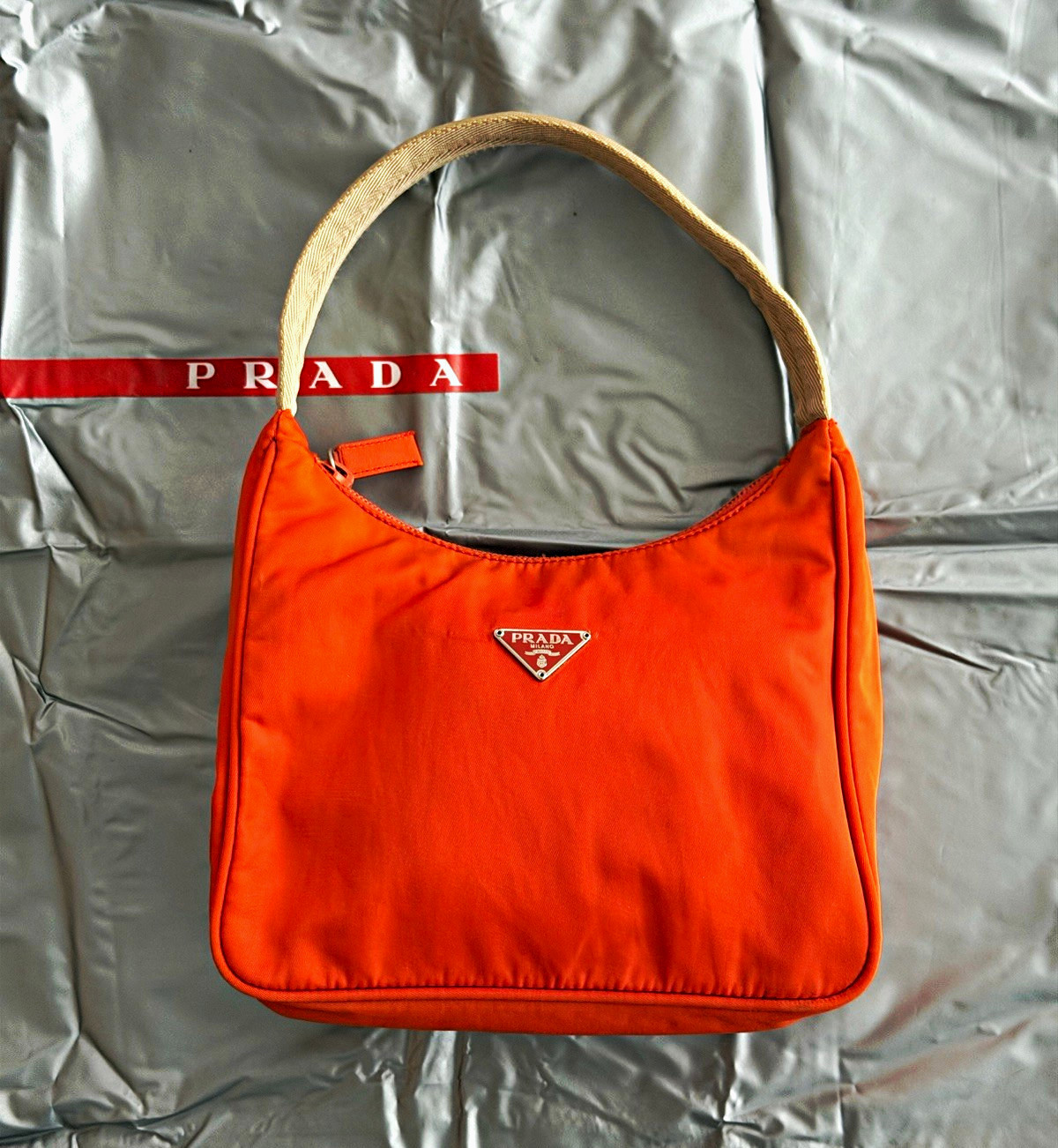Prada Tessuto Orange Nylon Mini Hobo Bag – Y2K Sport Shoulder Bag w/ Dustbag