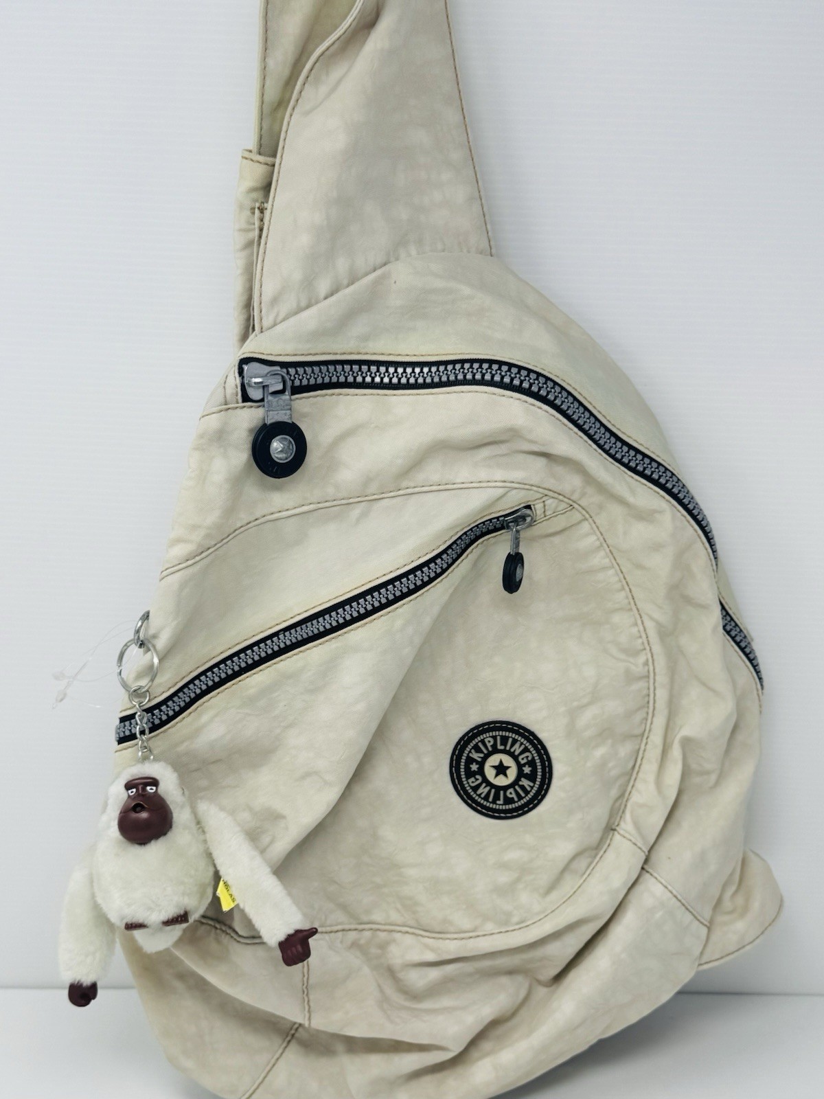 Kipling Heathered White Crinke Nylon Large Sling Bag with Monkey Charm