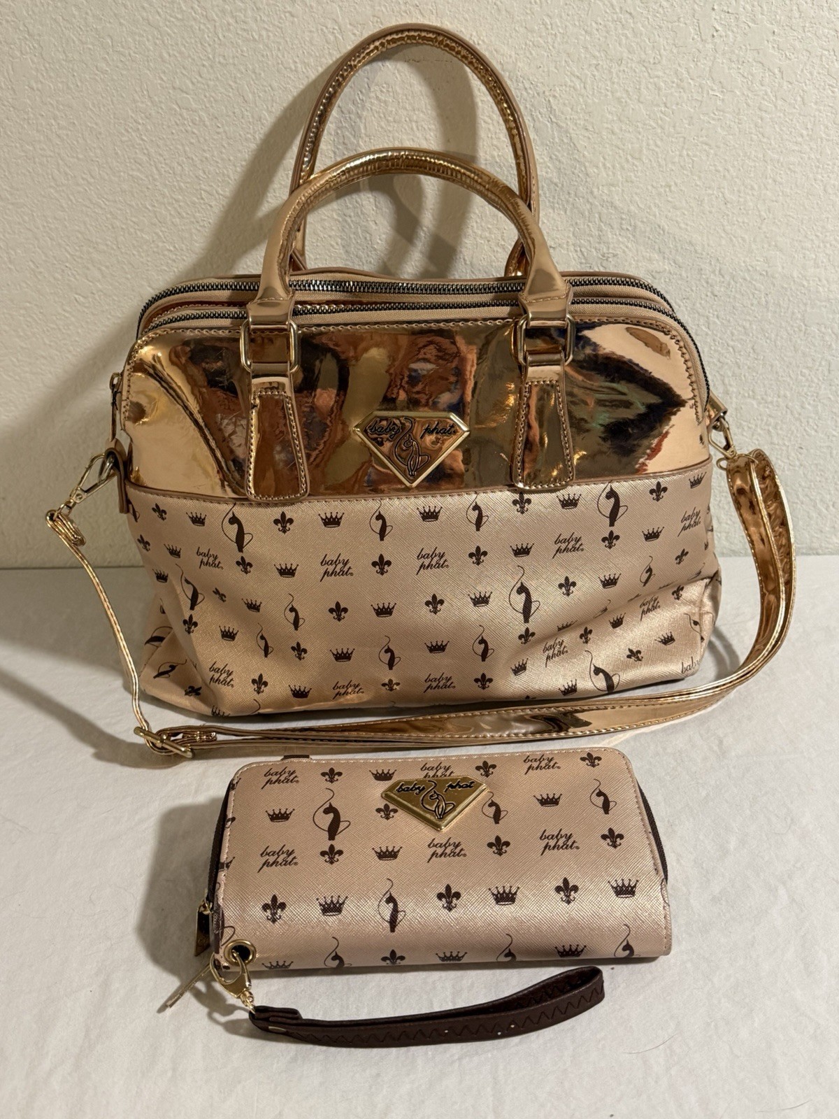 Rare Vintage BABY PHAT Cat Crown Rose Gold Metallic Purse W/ Wallet Clutch Y2K