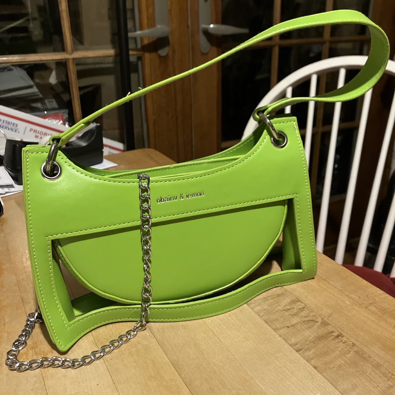 Neon- Green Synthetic Leather Bag Purse Crossbody