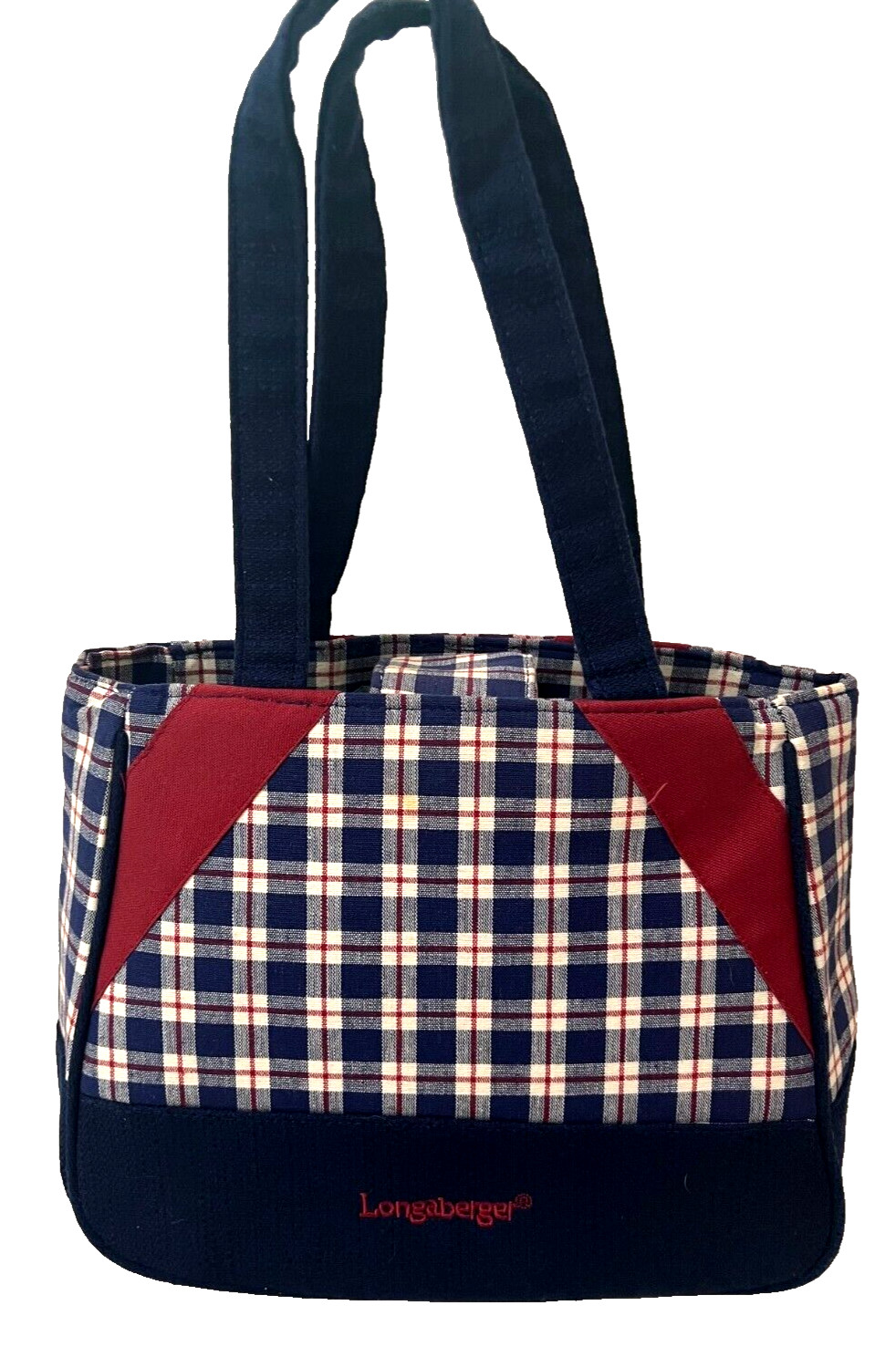 Longaberger Homestead Purse Bag Red White Blue Plaid Cotton Pockets Magnet Close