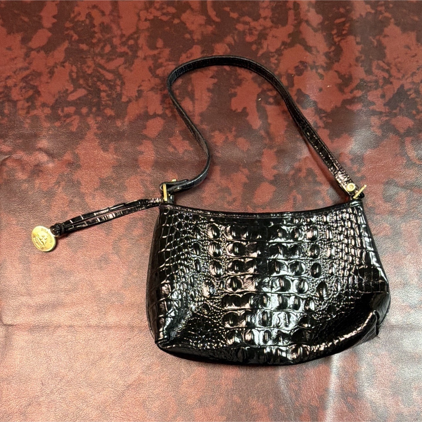 Brahmin Black Croc Embossed Patent Shoulder Bag Zip Top Gold Charm Small